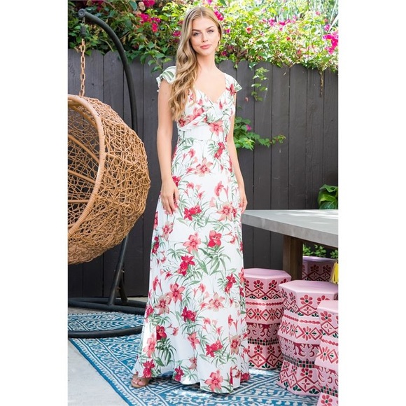 WHITE MAUVE GREEN RUFFLE NECKLINE FLORAL MAXI DRESS - Picture 4 of 7